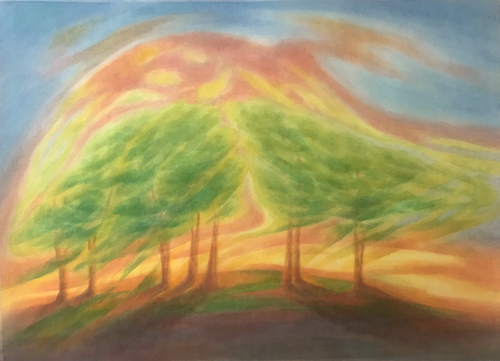 painting of trees surrounded by warm swirling air and on a dark earth hill
