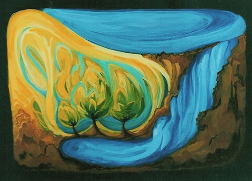 three trees by a stream painted on black cardboard