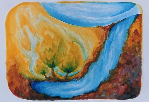 painting of three trees formed by light beside a rocky stream