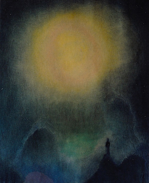 a sillouette of a person standing on a rock gazing into the darkness at a great golden sun