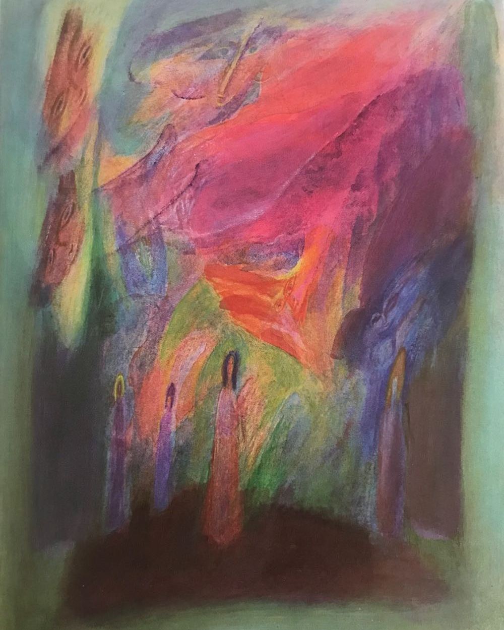 a painting of three figures amongst a play of colour