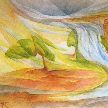 painting of a tree by a waterfall beside cliffs